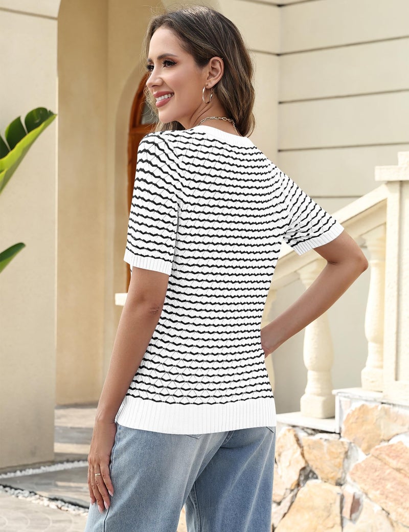 Kistore Sweaters for Women Summer Short Sleeve Shirts Crew Neck Striped Women's Pullover Sweater Dressy Casual Business Teacher Outfits S Black White - Image 3