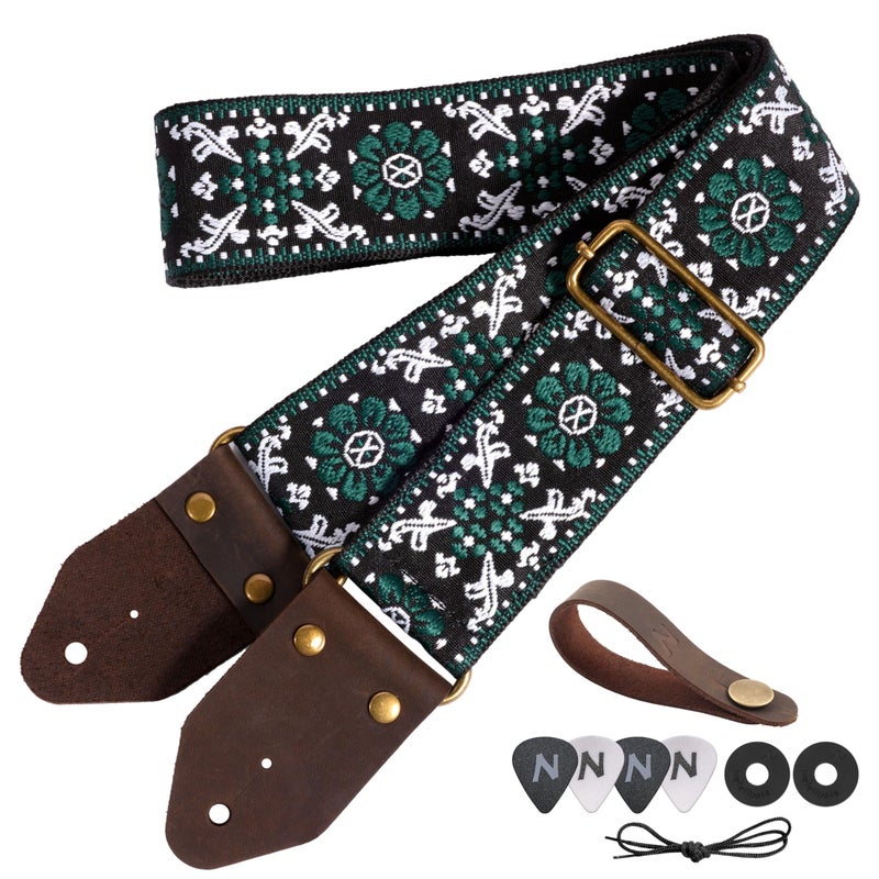 Nefelibata Guitar Strap,Jacquard Embroidery Cotton Guitar Straps with Crazy Horse Leather Ends for Bass, Electric & Acoustic, Best Gifts for Guitarists(Dark Green Flower Embroidery) - Image 1