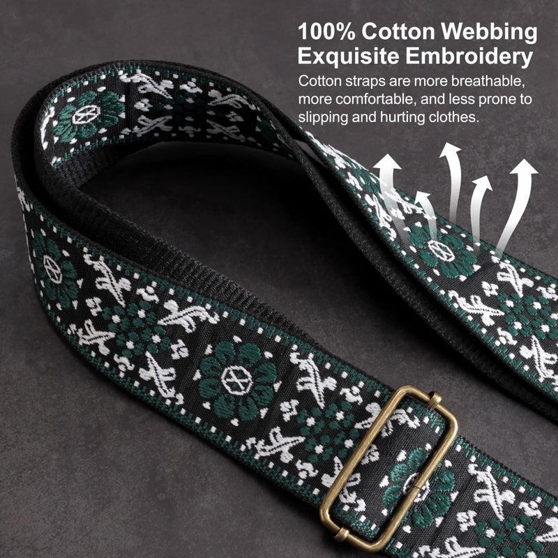 Nefelibata Guitar Strap,Jacquard Embroidery Cotton Guitar Straps with Crazy Horse Leather Ends for Bass, Electric & Acoustic, Best Gifts for Guitarists(Dark Green Flower Embroidery) - Image 4