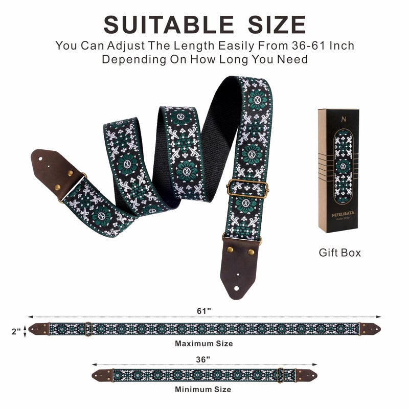 Nefelibata Guitar Strap,Jacquard Embroidery Cotton Guitar Straps with Crazy Horse Leather Ends for Bass, Electric & Acoustic, Best Gifts for Guitarists(Dark Green Flower Embroidery) - Image 5