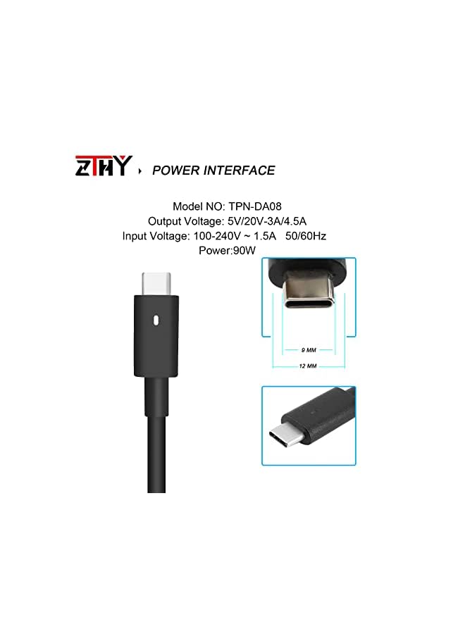ZTHY 90W Usb-C Type-C Ac Adapter Laptop Charger Compatible With Hp Spectre X360 13 14 15 15-Bl000 15T-Bl000 15-Bl1Xx 15-Ch000 15-Ch0Xx Elitebook 1040 G4 Pavilion Chromebook Envy X360 Tpn-Da08 - Image 2
