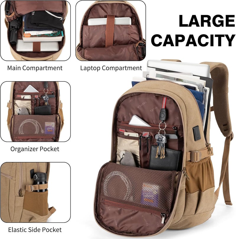Tzowla Vintage Canvas Laptop Backpack for Men and Women,College Travel Work Rucksack Fit 15.6 Inch Laoptop - Image 2