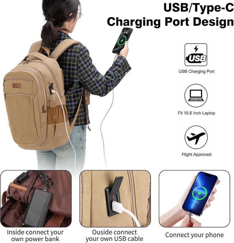 Tzowla Vintage Canvas Laptop Backpack for Men and Women,College Travel Work Rucksack Fit 15.6 Inch Laoptop - Image 3