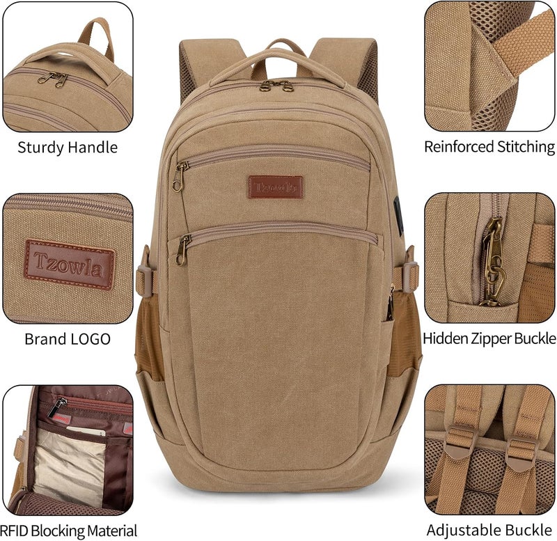 Tzowla Vintage Canvas Laptop Backpack for Men and Women,College Travel Work Rucksack Fit 15.6 Inch Laoptop - Image 4