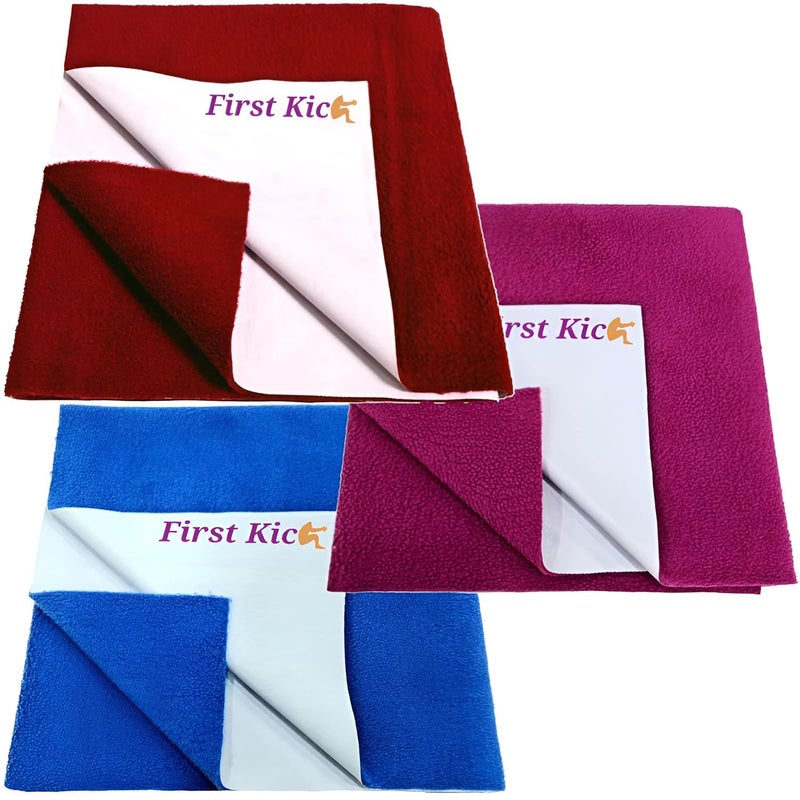 First Kick Waterproof Baby Bed ProtectorMattress Cotton Dry Sheet 140 cm X 100 cm for Born BabyKids MaroonWineRoyal Large Pack of 3