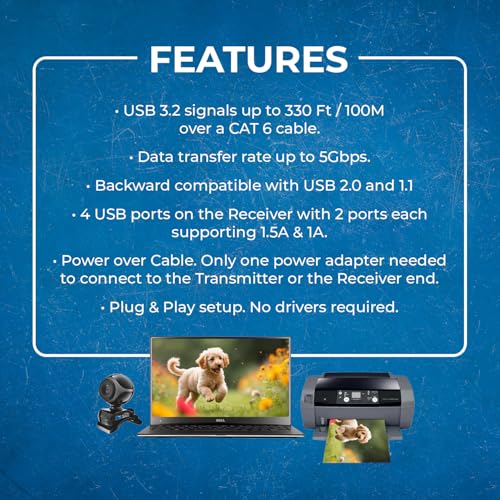 OREI USB 3.2 Over Ethernet HDbaseT Cat6 Extender LAN Upto 330 Feet - Extends 4 Ports USB-A Signal Over LAN Ethernet - Power Over Cable for Long Distance Extension Supports All Operating System - Image 3