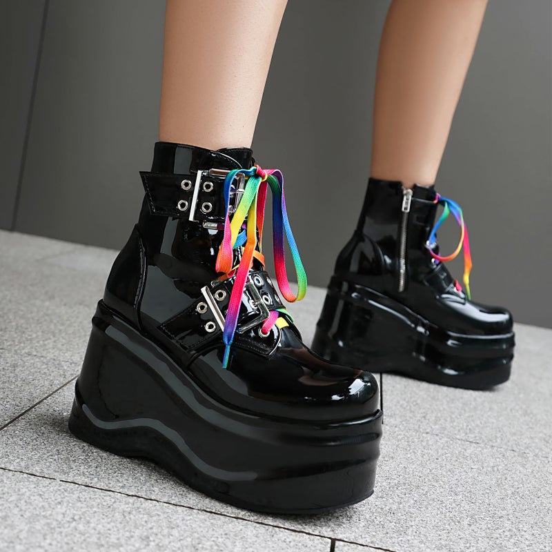 Punk Style Thick Bottom Wedge 40-45 Belt Buckle Low Barrel Women'S Boots - Image 3