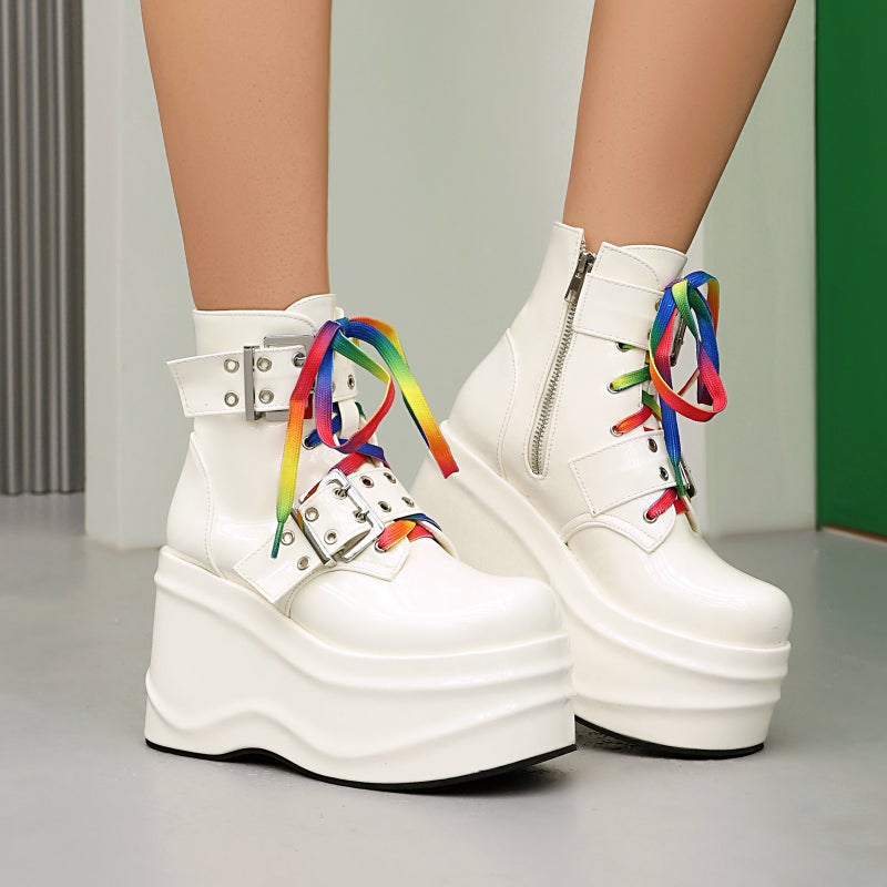 Punk Style Thick Bottom Wedge 40-45 Belt Buckle Low Barrel Women'S Boots - Image 4