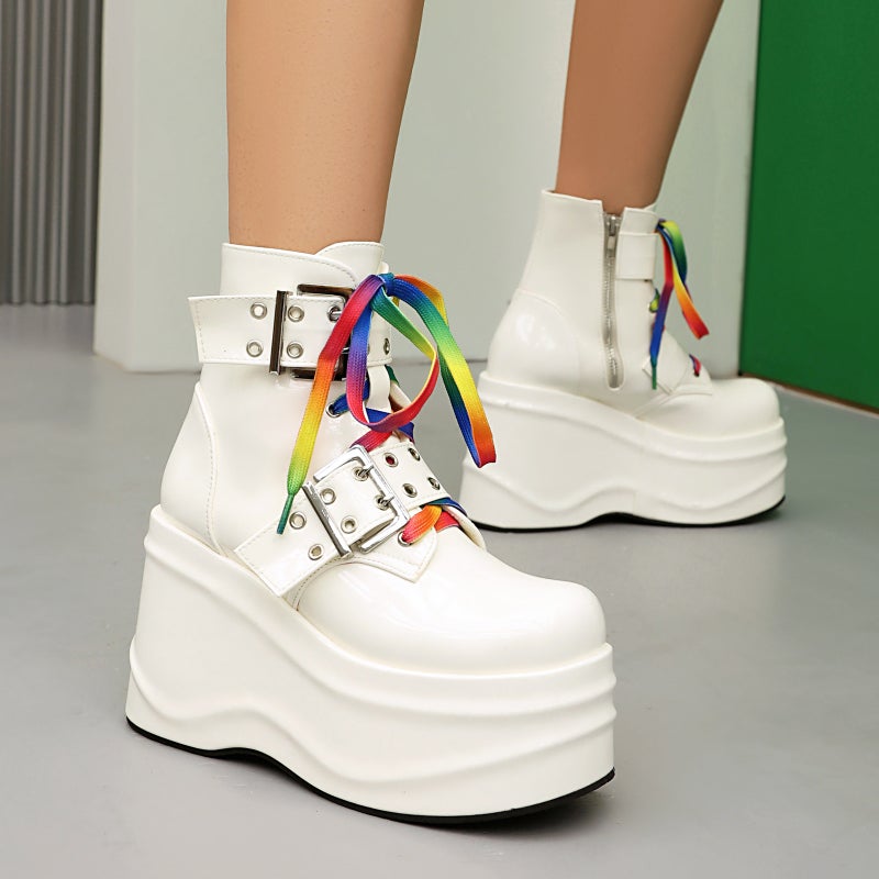 Punk Style Thick Bottom Wedge 40-45 Belt Buckle Low Barrel Women'S Boots - Image 5