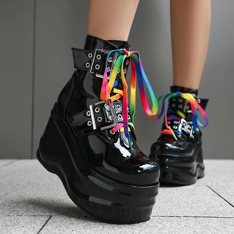 Punk Style Thick Bottom Wedge 40-45 Belt Buckle Low Barrel Women'S Boots - Image 2