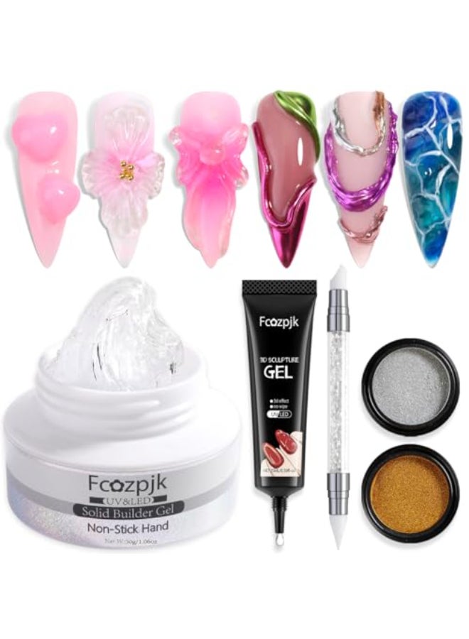 Fcozpjk 30g Solid Builder Gel For Nails and 15g Liner Gel Polish Clear Nonsticky Hard Gel for Nail with Silicone Carving Pen 3D Sculpting Gel Building Gel Nail Extension Gel Nail Salon Supplies - Image 1