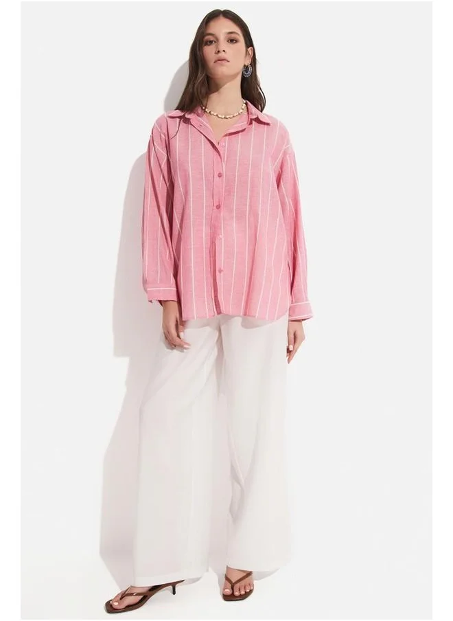 جون June Women Cotton Striped Wide Fit Woven Shirt Pink