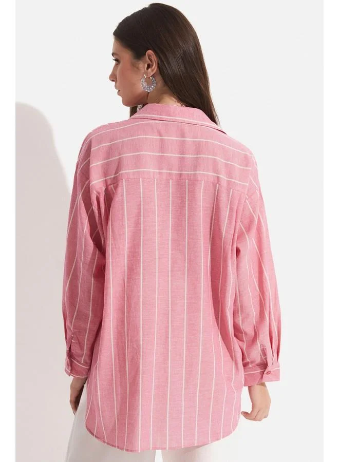 JUNE June Women Cotton Striped Wide Fit Woven Shirt Pink