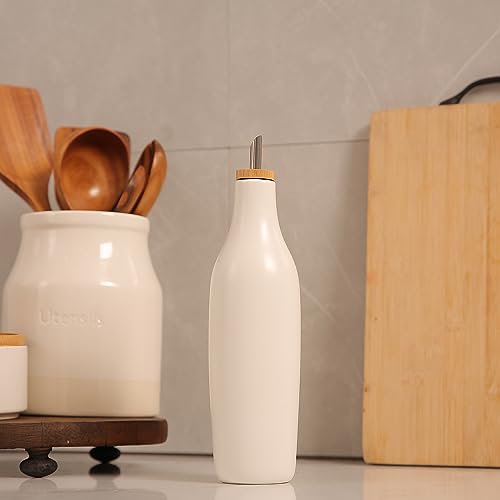 HOMCDALY Ceramic Olive Oil Dispenser for Kitchen, Stoneware 16oz Oil and Vinegar Bottles Dispenser, Kitchen Dispenser Bottle for EVOO Vinegar Syrups, Modern Farmhouse Design(W) - Image 2