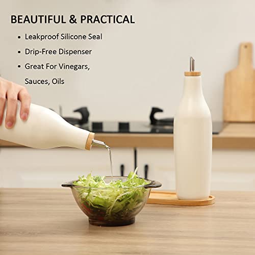 HOMCDALY Ceramic Olive Oil Dispenser for Kitchen, Stoneware 16oz Oil and Vinegar Bottles Dispenser, Kitchen Dispenser Bottle for EVOO Vinegar Syrups, Modern Farmhouse Design(W) - Image 4