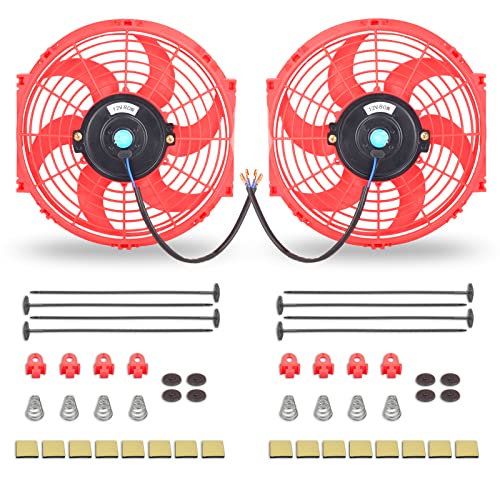 FGJQEFG 10 Inch Universal Slim Fan Push Pull Electric Radiator 12V 80W High Performance Cooling Fan Mount Kit Red 2 Pcs - Image 1