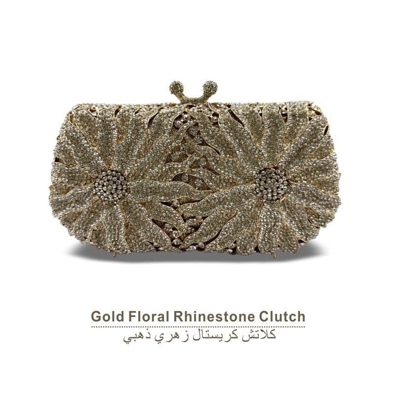Floral Crystal Rhinestone Evening Clutch Bag, Bow Metal Frame Formal Party Handbag Women Wedding Dinner Purse