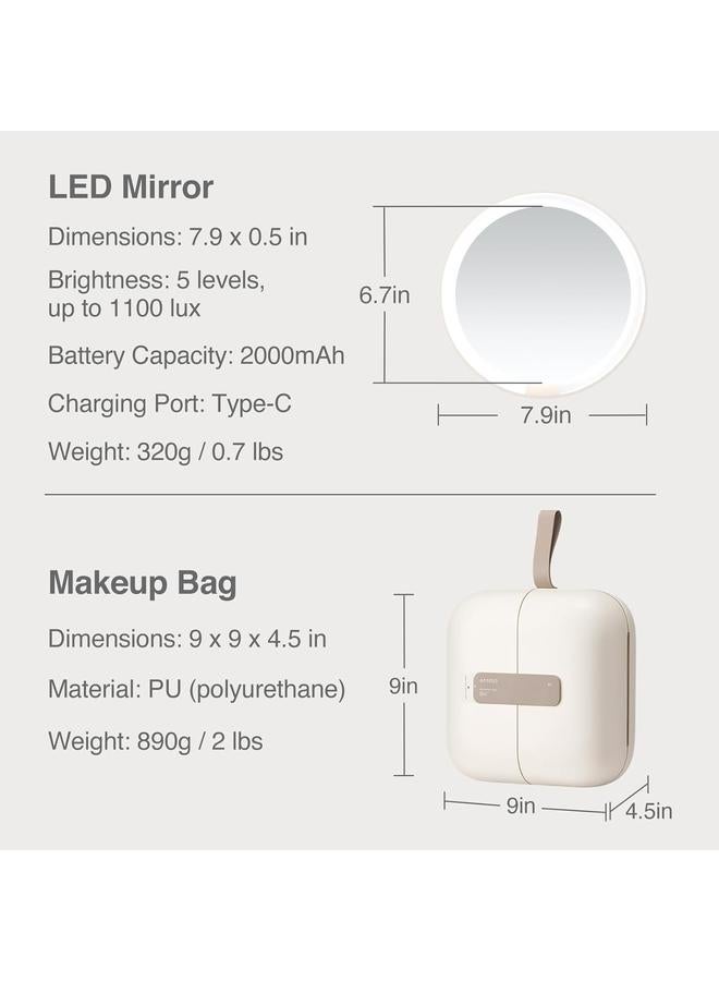 الأزرق جي دبليو مرآة ماكياج Bluejw M2 LumoCube مع حقيبة - مرآة ماكياج LED محمولة مع أضواء، سطوع 5 مستويات، أضواء 3 ألوان - منظم ماكياج للسفر - أبيض - Image 5