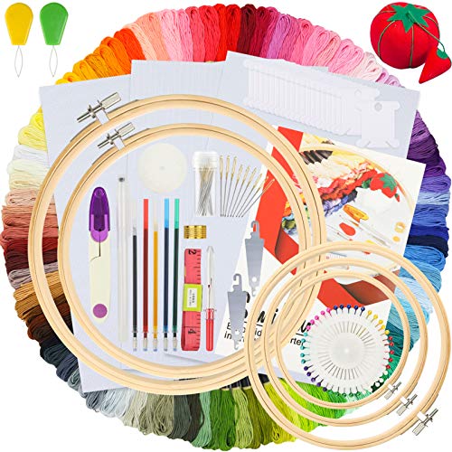 Similane Embroidery Kit 215 Pcs,100 Colors Threads,5 Pcs Embroidery Hoops,3 Pcs Aida Cloth,40 Sewing Pins,Cross Stitch Tools and Embroidery Starter Kit for Adults and Kids Beginners - Image 1