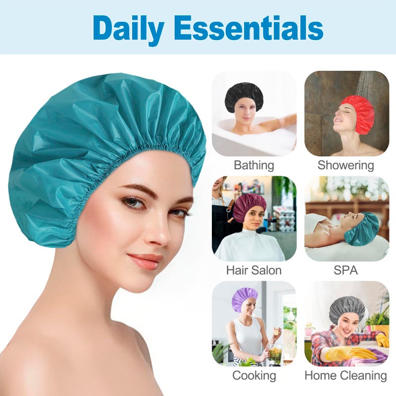 CHFONG 6 PCS Shower Caps for Women, Double Side Waterproof Shower Cap, Reusable Elastic Bath Caps for Shower, EVA Bathing Shower Caps, Bath Hair Caps - Black+Plum+Teal+Red+Lavender+Gray - Image 2