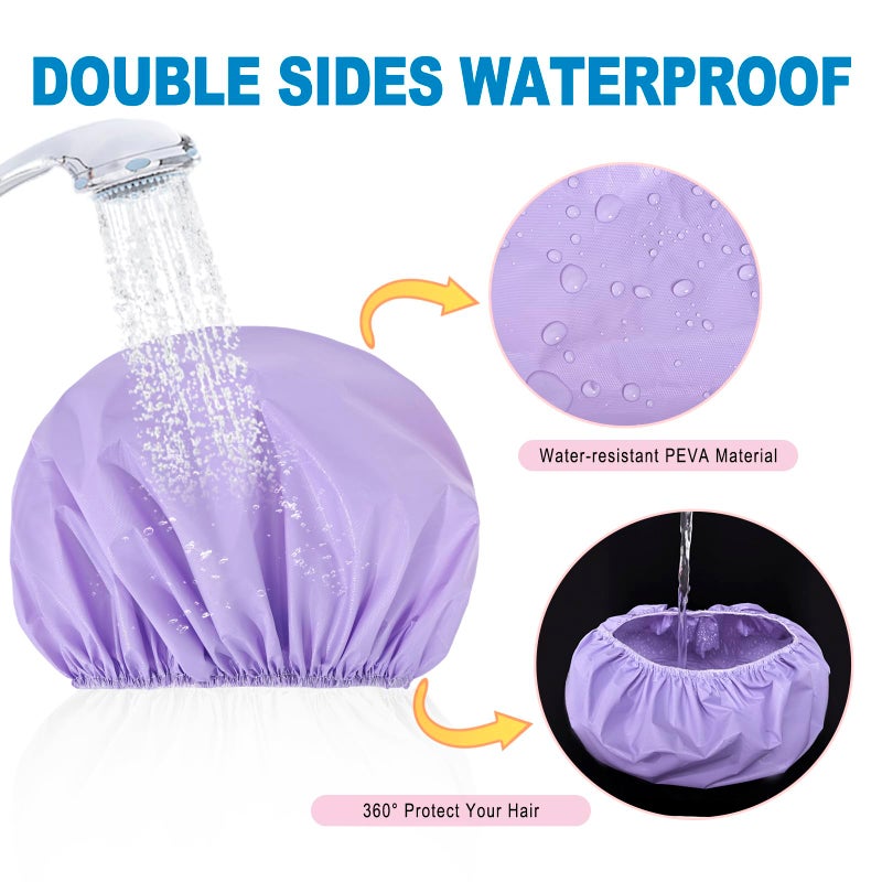 CHFONG 6 PCS Shower Caps for Women, Double Side Waterproof Shower Cap, Reusable Elastic Bath Caps for Shower, EVA Bathing Shower Caps, Bath Hair Caps - Black+Plum+Teal+Red+Lavender+Gray - Image 4