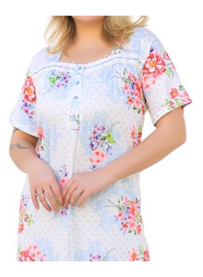 Dadoush Women's Polyester Floral Print Short Sleeve Long Nightgown Pink Blue - Image 3