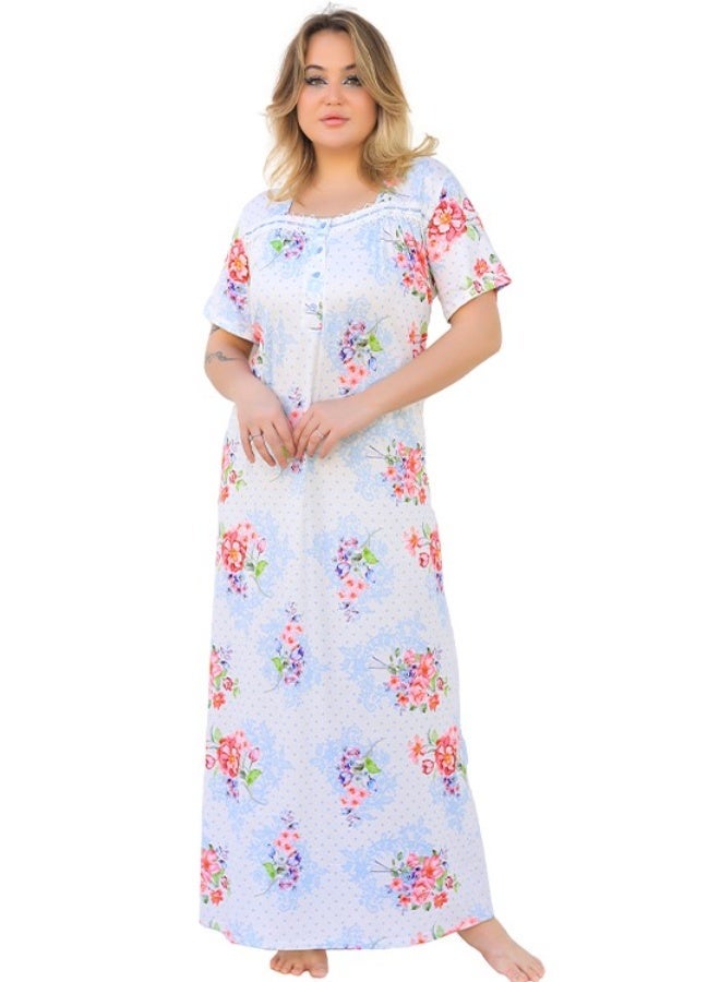 Dadoush Women's Polyester Floral Print Short Sleeve Long Nightgown Pink Blue - Image 1