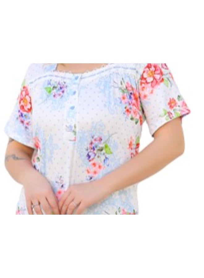 Dadoush Women's Polyester Floral Print Short Sleeve Long Nightgown Pink Blue - Image 4