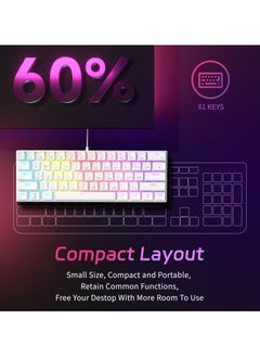UCHUANG 61-Key English Arabic Mechanical Keyboard, Red Switch Hybrid Light Compact Mini Wired Keyboard for PC, Mac E-sports Portable Gaming Keyboard - White  - Image 2