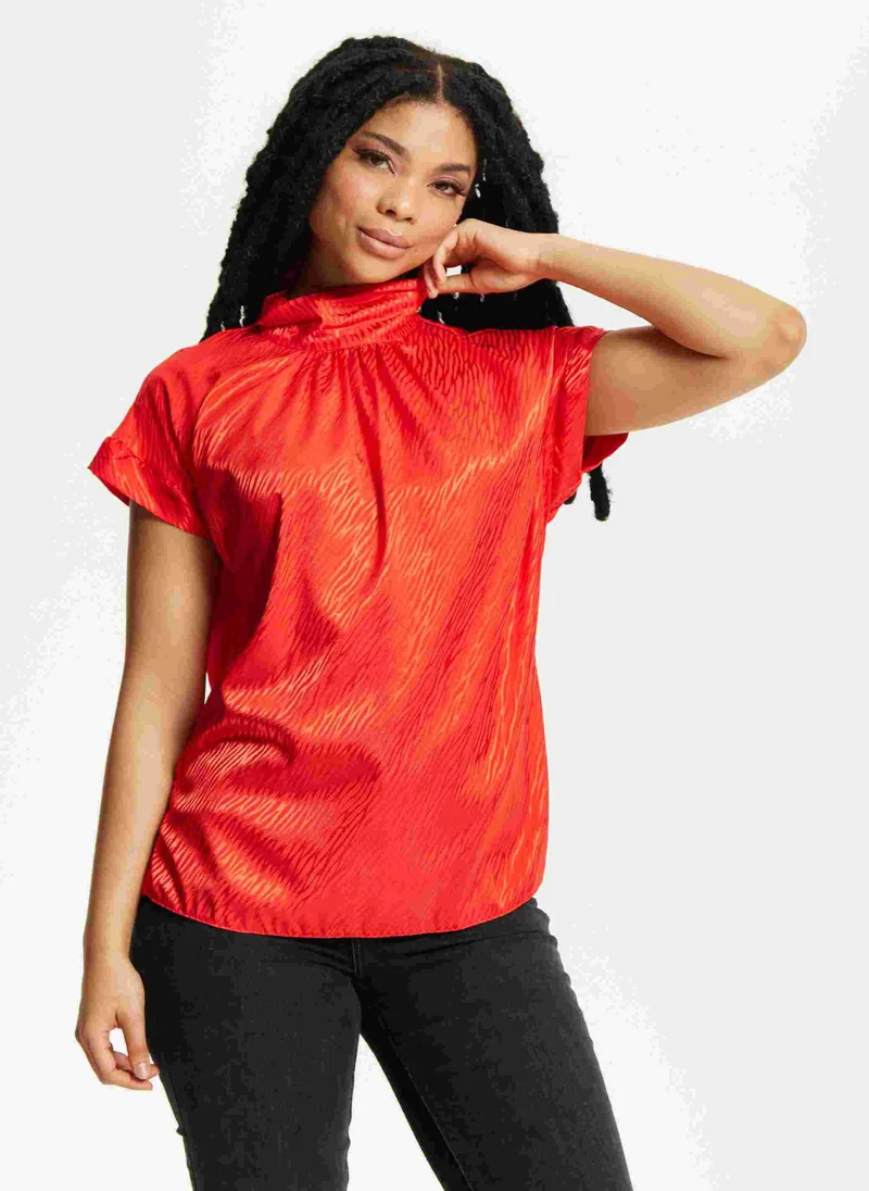 Liquorish Red Satin Textured High Neck Top
