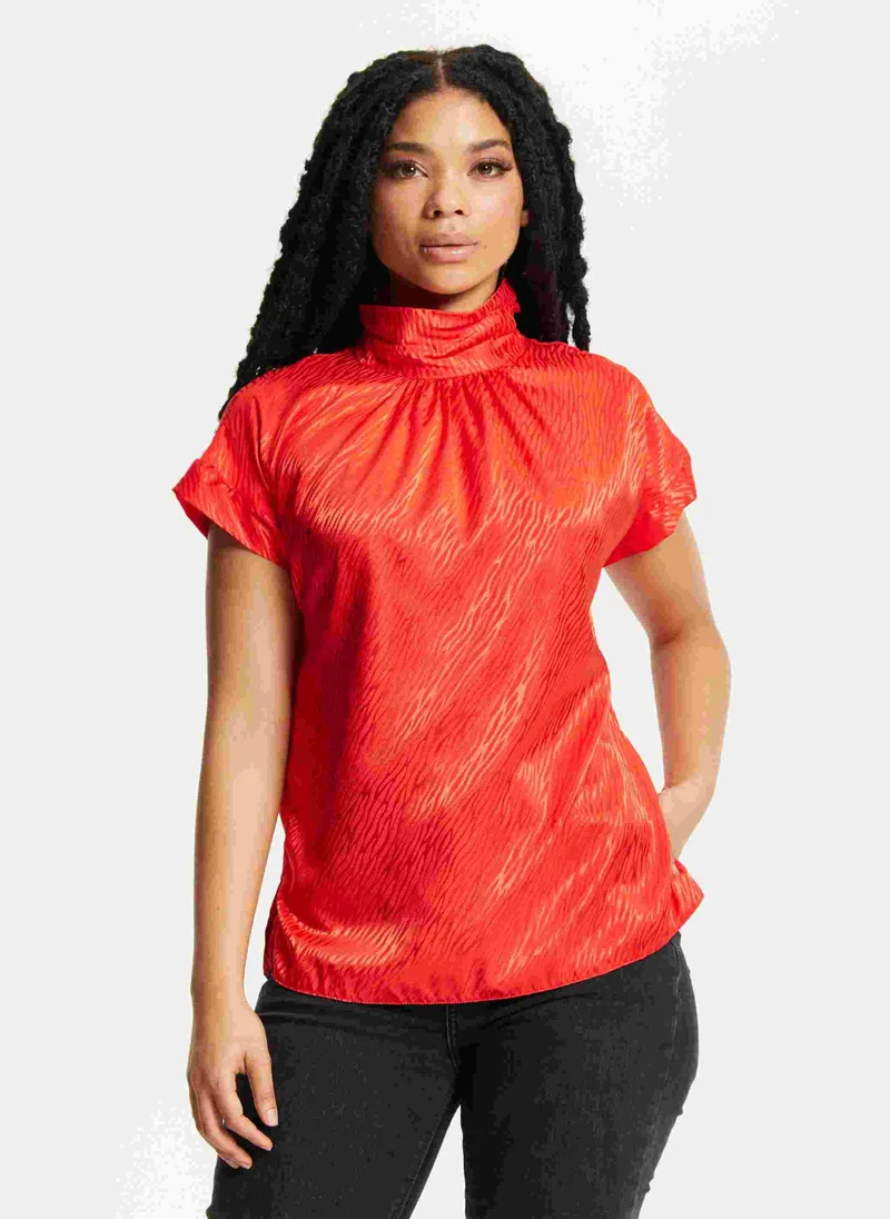 Liquorish Red Satin Textured High Neck Top