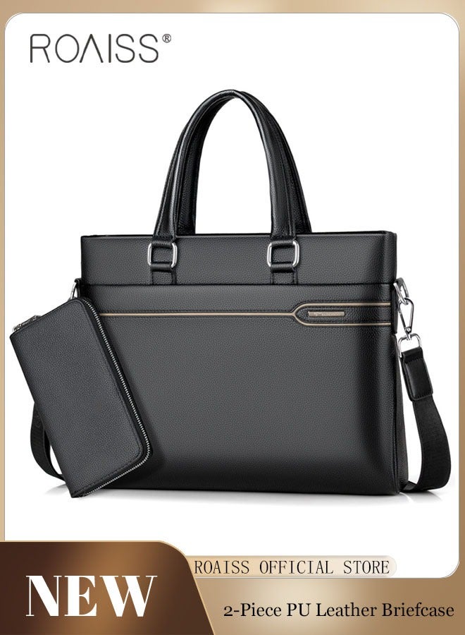 roaiss 2-Piece Business Pu Leather Briefcase Removable And Adjustable Shoulder Strap Business Computer Handbag +Zippered Pu Leather Wallet  - Image 1