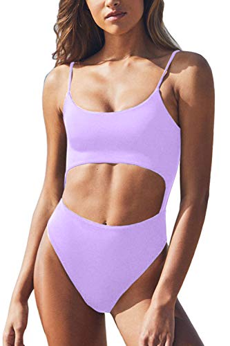 Meyeeka Womens Scoop Neck Cut Out Front Lace Up Back High Cut Monokini One Piece Swimsuit (S, Purple) - Image 4