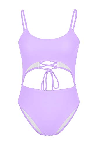 Meyeeka Womens Scoop Neck Cut Out Front Lace Up Back High Cut Monokini One Piece Swimsuit (S, Purple) - Image 5