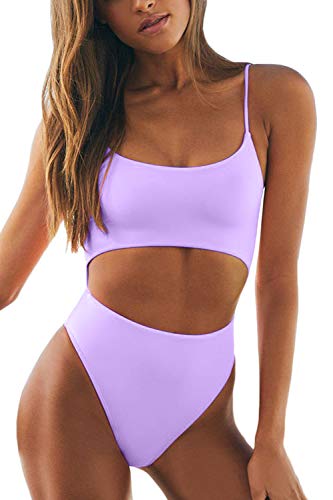 Meyeeka Womens Scoop Neck Cut Out Front Lace Up Back High Cut Monokini One Piece Swimsuit (S, Purple) - Image 1