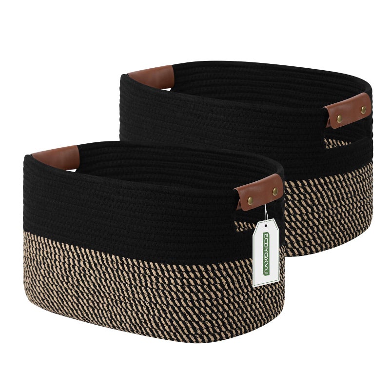 ECDYQXVU Cotton Rope Basket, Storage Baskets with Handle, 15x10x9 Inch Woven Basket for Shelves, Laundry, Towels, Clothes, Books, (Black Brown 2 Pack) - Image 1