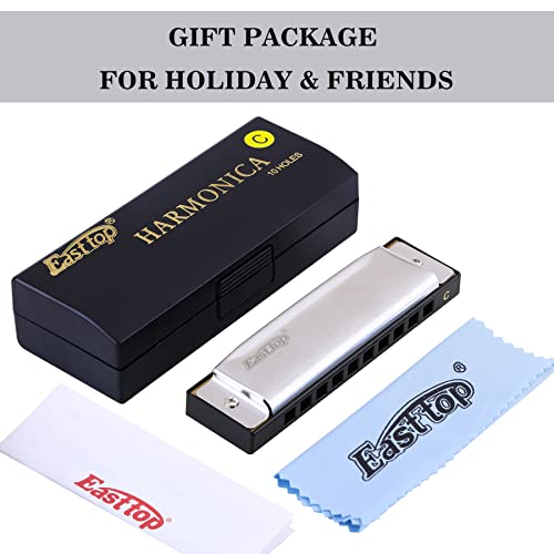 East top Mouth Organ C Key 10 Holes 20 Tones Diatonic Harmonica Mouth Organ Musical Instrument for Beginners, Professionals and Kids with Silver Cover, T10-3-C - Image 5