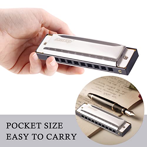 East top Mouth Organ C Key 10 Holes 20 Tones Diatonic Harmonica Mouth Organ Musical Instrument for Beginners, Professionals and Kids with Silver Cover, T10-3-C - Image 3