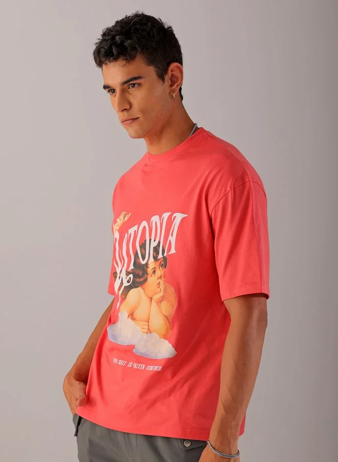 شركة المرآب الهندية Men's Street Boxy Placement Print Crew Neck Short Sleeve T-Shirt