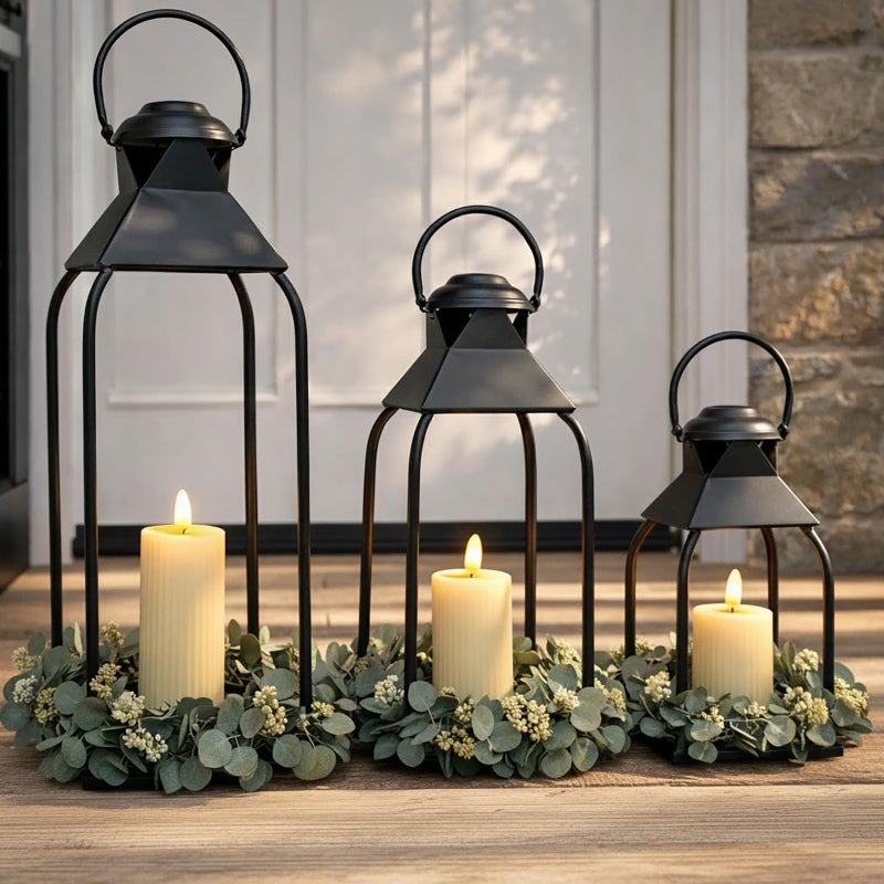 ZLFart Decorative Metal Lanterns Indoor Outdoor Candle Holder for Porch Patio Fireplace Floor Wedding Christmas Fall Holiday Farmhouse Table Centerpiece Black Set of 3 20 157 12 - Image 2