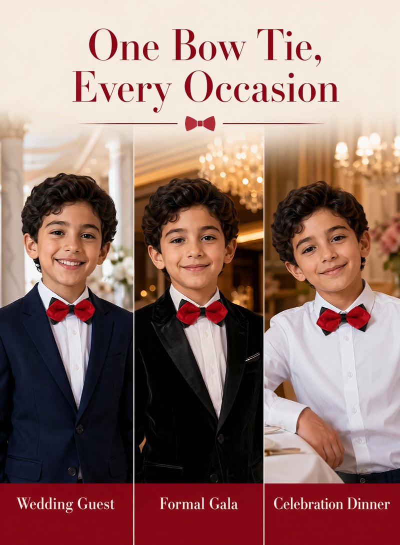 Kids Red Black Satin Bow Tie, Boys Double Layer Pre-Tied Bow Ties for Wedding Party Graduation Formal Outfit, Adjustable Neck Strap Bowtie for Little Boys - Image 3