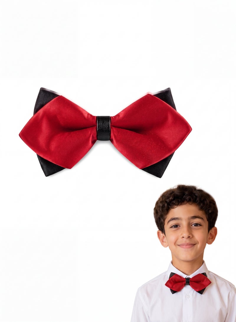 Kids Red Black Satin Bow Tie, Boys Double Layer Pre-Tied Bow Ties for Wedding Party Graduation Formal Outfit, Adjustable Neck Strap Bowtie for Little Boys - Image 1