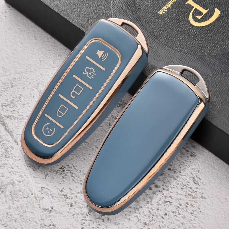 ELOHEI Key Fob Cover for Ford C-Max Edge Escape Expedition Explorer Flex Focus Taurus Lincoln MKS MKT MKX Premium Soft TPU 360 Degree Full Protection Key Case (Gold Edge Grey) - Image 2