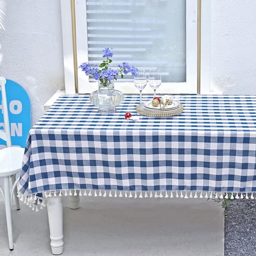 Midsummer Breeze Buffalo Plaid Tablecloth, Burlap Gingham Table Cloth for Thanksgiving Christmas Kitchen Restaurant Holiday Indoor Outdoor Picnic（Rectangle/Oblong, 55x84, Navy Blue - Image 1