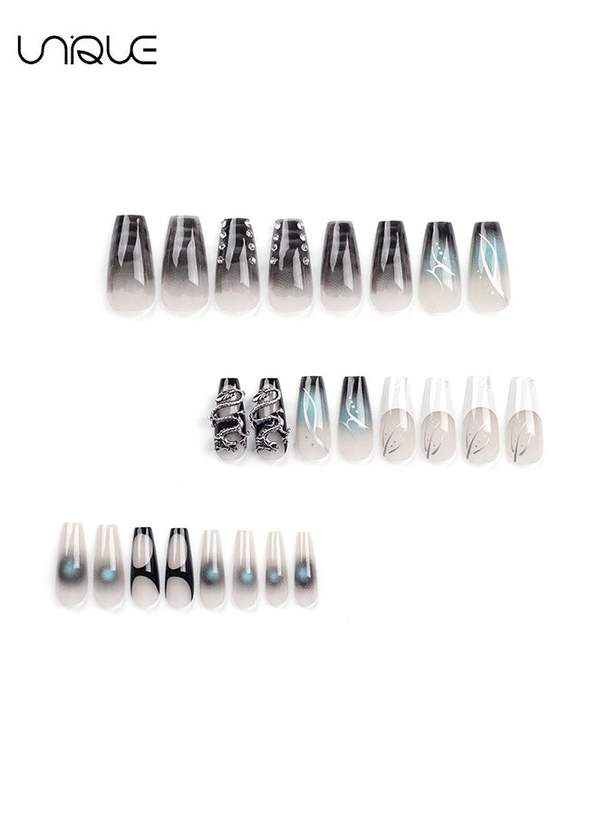 Unique 24Pcs Fake Nails, Press Nails, Mid-length Ballet Manicure - Embossed Dragon Manicure - Spot Drill Gradient Black Nail Art - Fake Nail Patch  - Image 3