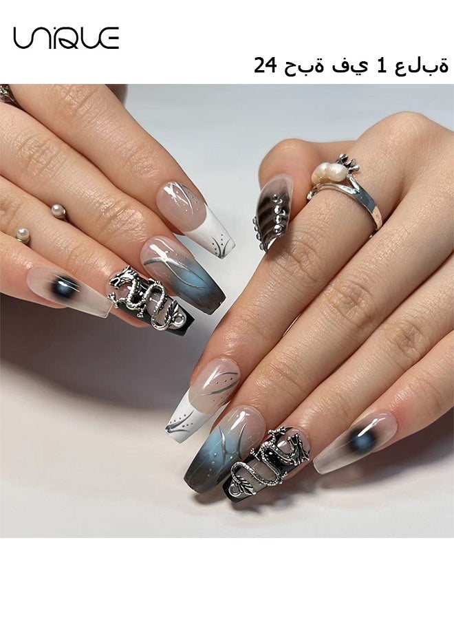 Unique 24Pcs Fake Nails, Press Nails, Mid-length Ballet Manicure - Embossed Dragon Manicure - Spot Drill Gradient Black Nail Art - Fake Nail Patch  - Image 1