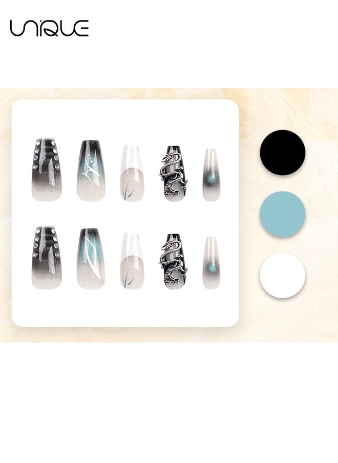 Unique 24Pcs Fake Nails, Press Nails, Mid-length Ballet Manicure - Embossed Dragon Manicure - Spot Drill Gradient Black Nail Art - Fake Nail Patch  - Image 2