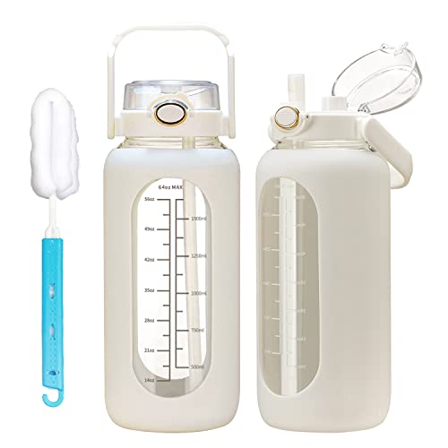 chunmo 64oz Glass Water Bolttles with Straw Half Gallon Large Motivational Water Bottle with Time Marker Sports Water Bottles with Silicone Sleeve and Handle Lid Water Jug for Gym Workout