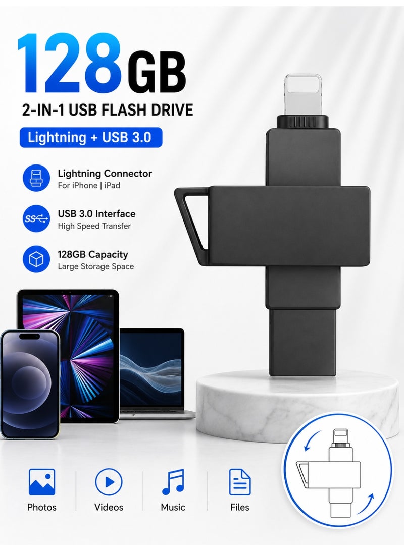 روكيو ذاكرة فلاش USB بمنفذ Lightning سعة 128 جيجابايت لأجهزة iPhone وiPad، تدعم تقنية USB 3.0 وOTG، وتُستخدم كوحدة تخزين خارجية للنسخ الاحتياطي للصور وتخزين مقاطع الفيديو ونقل الملفات، ومتوافقة مع أنظمة iOS وMac وWindows. - Image 1
