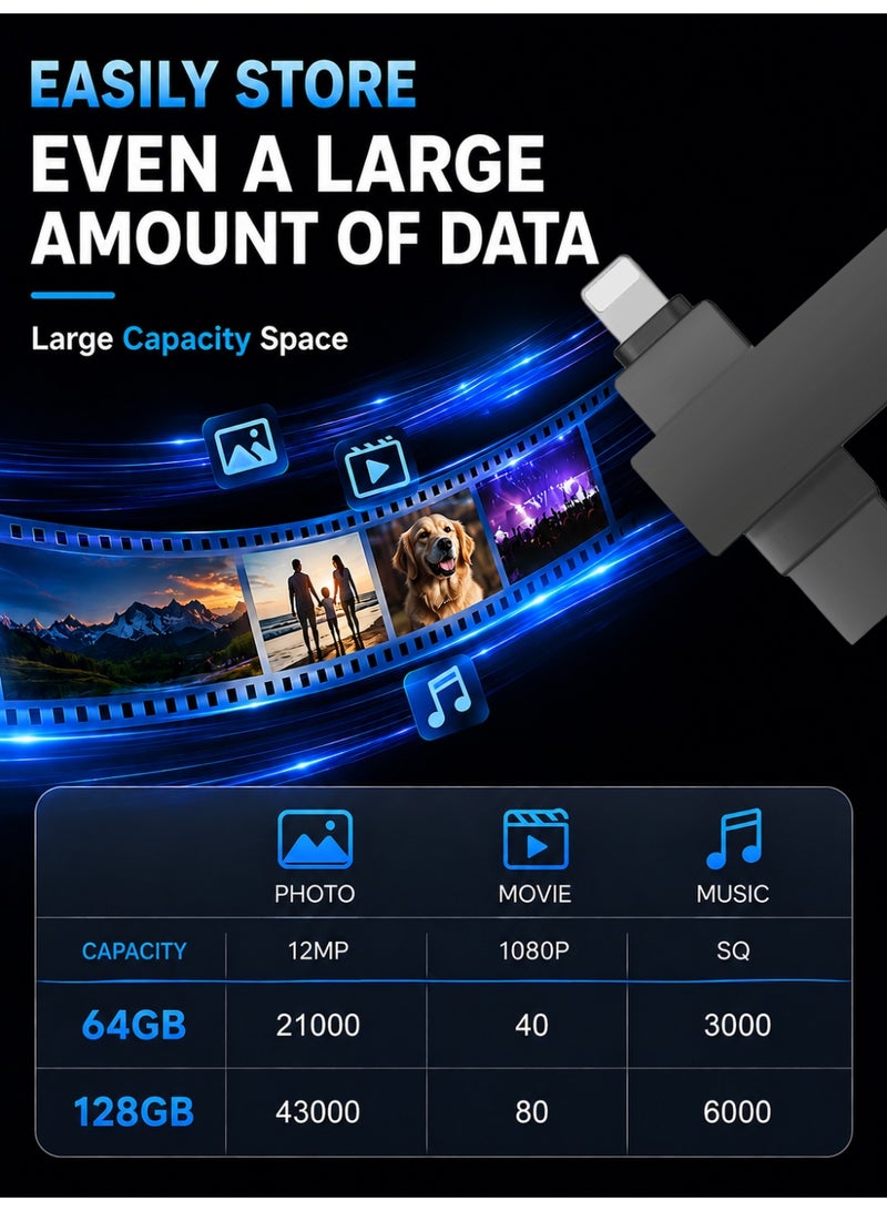 روكيو ذاكرة فلاش USB بمنفذ Lightning سعة 128 جيجابايت لأجهزة iPhone وiPad، تدعم تقنية USB 3.0 وOTG، وتُستخدم كوحدة تخزين خارجية للنسخ الاحتياطي للصور وتخزين مقاطع الفيديو ونقل الملفات، ومتوافقة مع أنظمة iOS وMac وWindows. - Image 4
